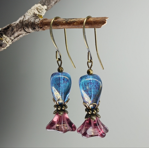 Hand Crafted Jewelry - HAND CRAFTED Blue Purple Artisan Glass Flower Vintage Style Dangle Earrings
